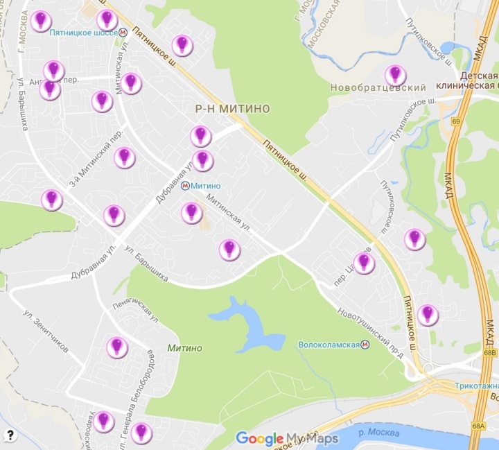 Онлайн-карта пунктов раздельного сбора мусора в Митино